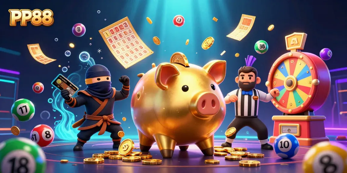 Experience thrilling gameplay of PP88 as a sumo wrestler and characters clash amidst golden coins and lottery balls.