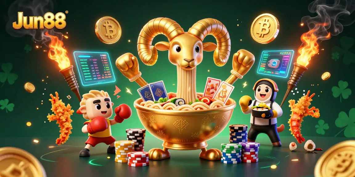 Engage with Jun88 at the vibrant casino, featuring colorful game characters and crypto elements.
