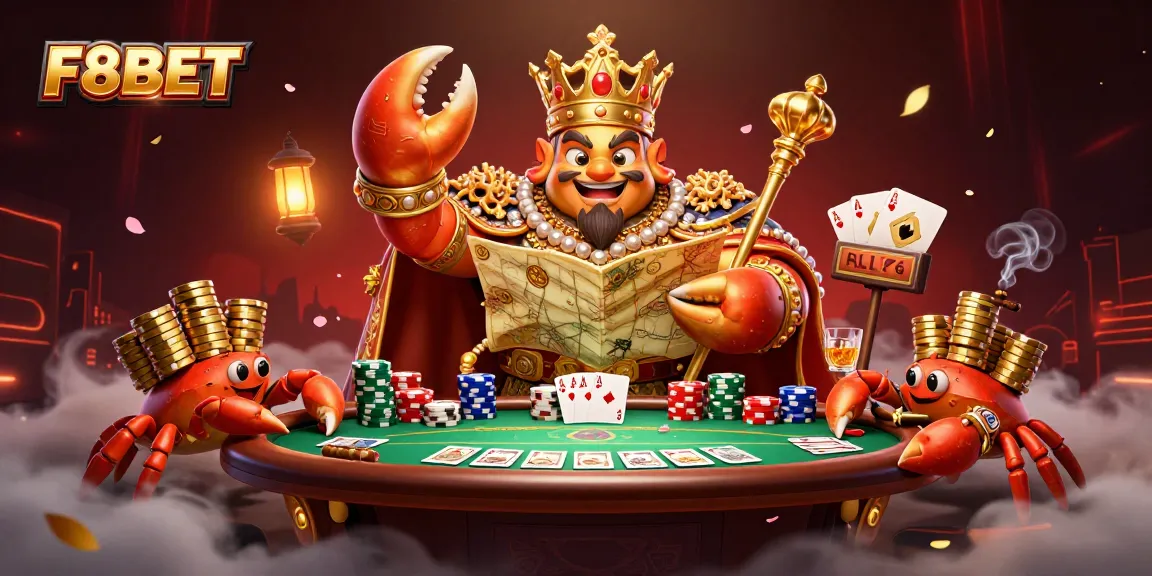 Experience the vibrant world of F8BET with a dynamic casino-themed scene featuring a golden crab emperor amidst poker elements.