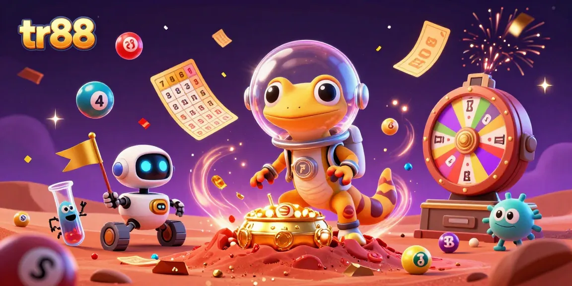 tr88 entertains players as a Martian gecko discovers a golden casino amidst vibrant gambling elements.