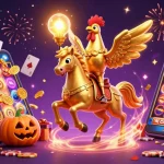 Experience da bet with a golden rooster and spectral horse amidst casino excitement.