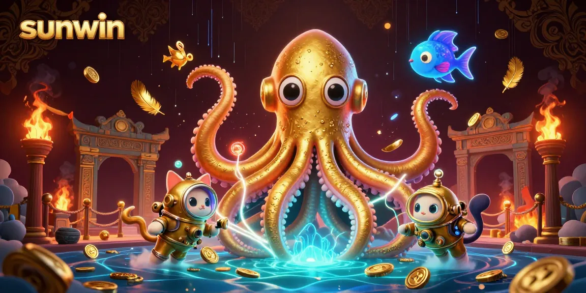Experience the excitement of sunwin with a colossal kraken and diving cat amidst a vibrant casino scene.
