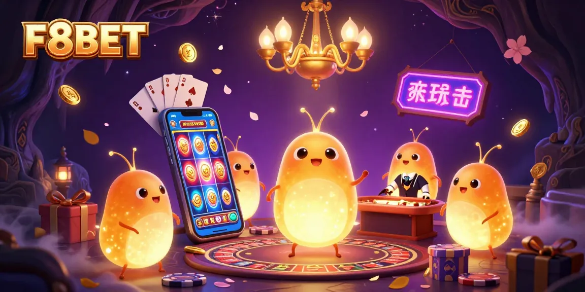 Experience F8BET's vibrant cave casino alive with glowworms, captivating neon signs, and spinning slots.