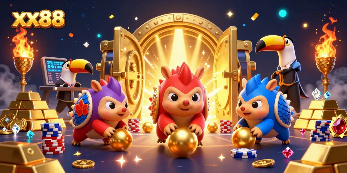 Engage in thrilling casino action with xx88's packed scene featuring vibrant pangolins, poker chips, and golden treasures.