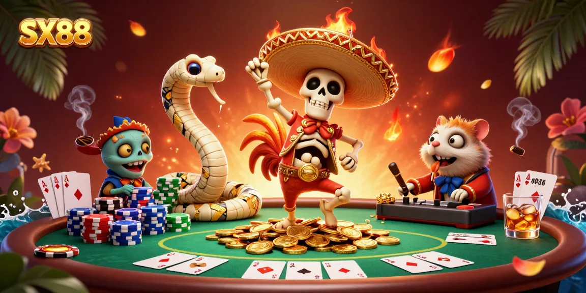 SX88 celebrates winning moments with a vibrant, animated scene of characters reveling over poker game excitement.