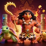 Spin the reels with 11M's vibrant gaming scene featuring a Polynesian hawk and turtle amidst exciting slot action.