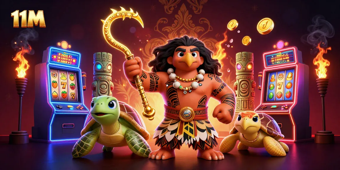 Spin the reels with 11M's vibrant gaming scene featuring a Polynesian hawk and turtle amidst exciting slot action.