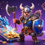 Experience the magic of m98 q with a vibrant illustration of a Viking wolf warrior amidst exciting casino elements.