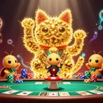 BOM88 attracts players with a lively 3D cartoon scene of a lucky cat, poker chips, and glowing effects.
