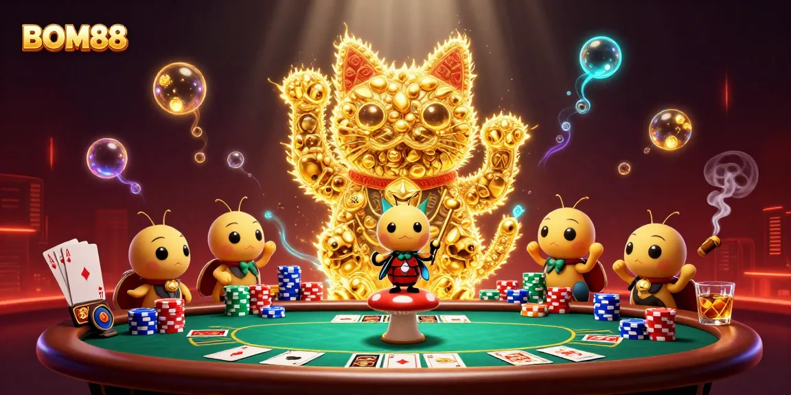 BOM88 attracts players with a lively 3D cartoon scene of a lucky cat, poker chips, and glowing effects.