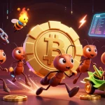 Experience thrilling casino heists with okfun, featuring ants carrying a giant poker chip in a vibrant 3D scene.