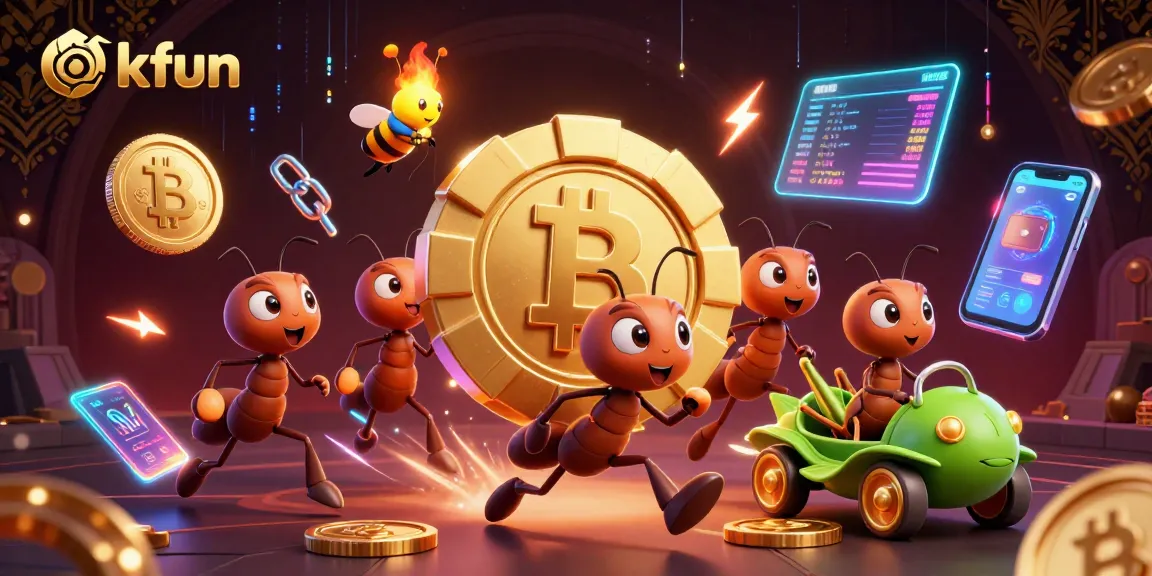 Experience thrilling casino heists with okfun, featuring ants carrying a giant poker chip in a vibrant 3D scene.