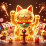 Engage with 9au casino featuring vibrant golden fireflies and dynamic slot game elements in a festive atmosphere.