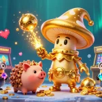 Kuwin features a whimsical golden mushroom wizard with treasure-hunting elements, perfect for engaging online gambling enthusiasts.