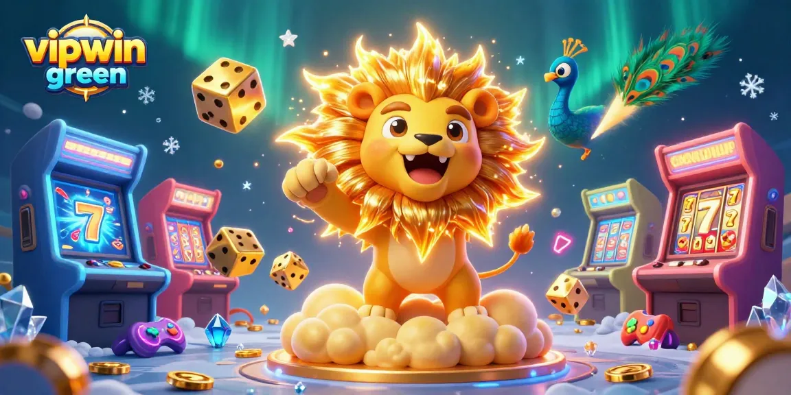 Engage with thrilling online gaming at vipwin green, featuring vibrant slot reels and a 3D lion.