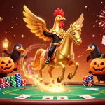 MAY88 presents a vibrant casino scene featuring a golden rooster and crow companions enjoying a thrilling poker game.