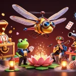 Topnhacaimoi features a vibrant casino scene with a dragonfly pilot, frog croupier, and jazz musicians.