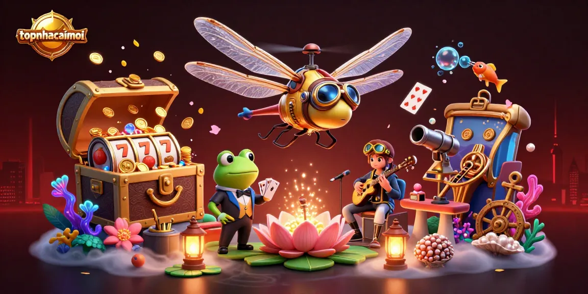 Topnhacaimoi features a vibrant casino scene with a dragonfly pilot, frog croupier, and jazz musicians.