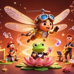 Engage with mahjongtitans gameplay among vibrant dragonfly pilot, frog croupier, and jazz musicians.