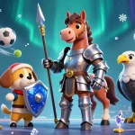 Bet on gamebai123 with knights and a lively scene of dynamic sports elements and cheerful characters.