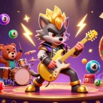 Engage with Soco live for thrilling casino action, featuring a performing rock star wolf amid vibrant games and effects.
