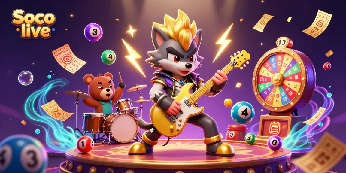 Engage with Soco live for thrilling casino action, featuring a performing rock star wolf amid vibrant games and effects.