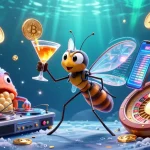 Experience the thrill of FABET with a lively casino scene featuring animated characters and crypto elements.