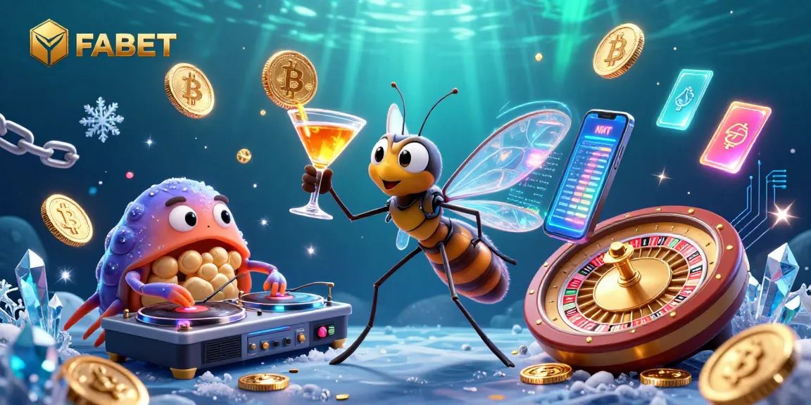 Experience the thrill of FABET with a lively casino scene featuring animated characters and crypto elements.