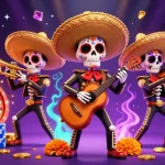 Experience the thrill of tải hitclub as colorful skeleton mariachi musicians celebrate with casino elements.