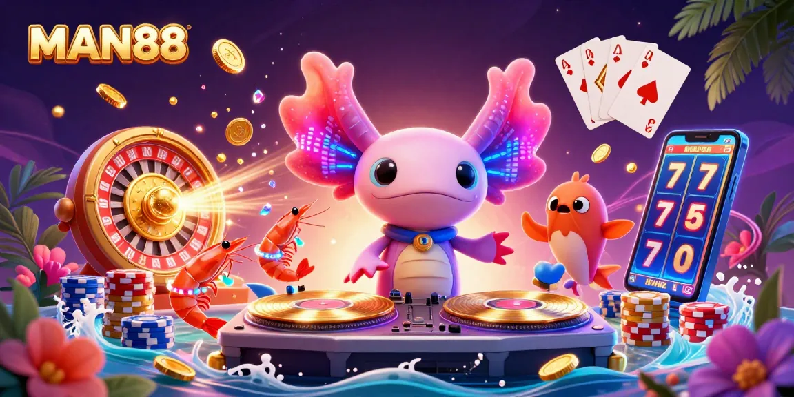 Join the excitement at MAN88 with a dynamic underwater casino scene featuring neon cartoon characters and rich gaming elements.