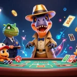 Shbet velociraptor card counter sneaking at a blackjack table with dynamic slot game elements.