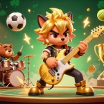 Experience MAN88's thrilling casino stage with a rock star wolf and wild bear drummer amid dynamic sports effects.