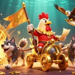 Experience thrilling gameplay at nhà cái 88vbet with a vibrant 3D casino illustration featuring a rooster warlord and treasures.