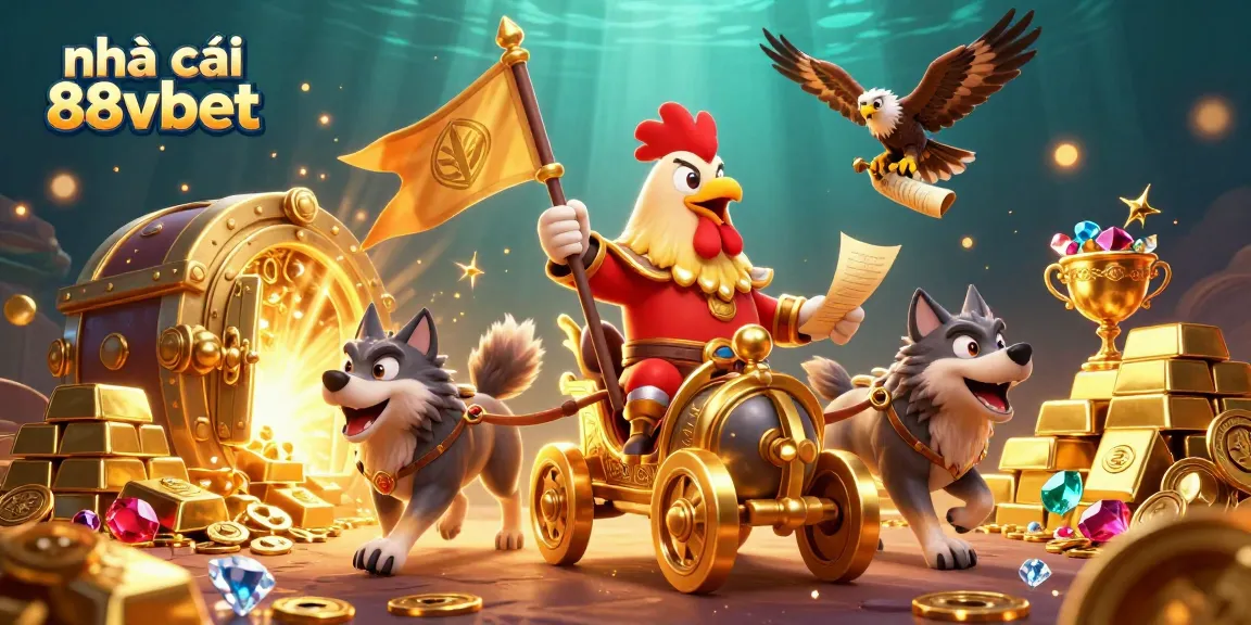 Experience thrilling gameplay at nhà cái 88vbet with a vibrant 3D casino illustration featuring a rooster warlord and treasures.