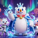Experience the thrills of HITCLUB with the ice king and snow fox amidst vibrant slot and lottery elements.