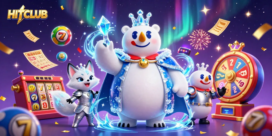 Experience the thrills of HITCLUB with the ice king and snow fox amidst vibrant slot and lottery elements.