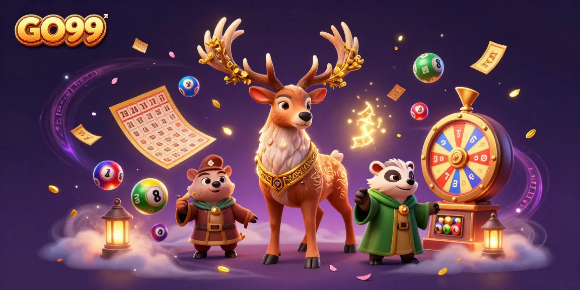 Experience GO99 excitement with a captivating 3D illustration of a Celtic druid stag and lottery elements.