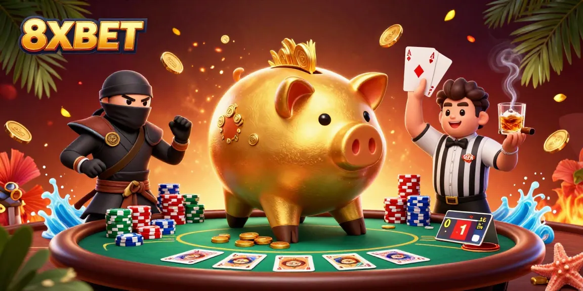 Engage with 8XBET through thrilling casino action featuring a sumo wrestler and ninja in a dynamic poker scene.