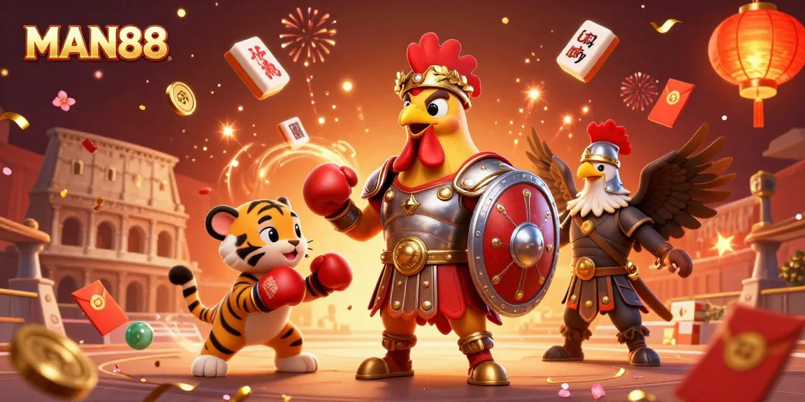 Join the excitement at MAN88 with a thrilling 3D illustration of a casino-themed scene showcasing dynamic characters and elements.