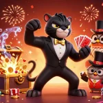 Engaging op888 scene with a stylish panther, poker owl, and lucky mouse in a vibrant casino setting.