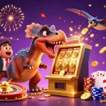 Z188 offers exciting jackpot wins in a dynamic casino scene with fun dinosaur characters