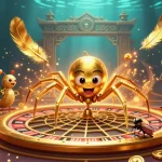 okfun engages players in a vibrant casino world with a golden spider and animated elements.