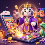 baccarat-gambling-online showcases an epic scene with a white tiger, monkey, and jade dragon amidst casino elements.