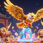 Experience the thrill of 789wincom as the golden eagle dives through holographic cards in a vibrant casino atmosphere.