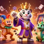 Bancathanrong invites players to win big in a vibrant casino scene featuring a white tiger and a jester monkey.