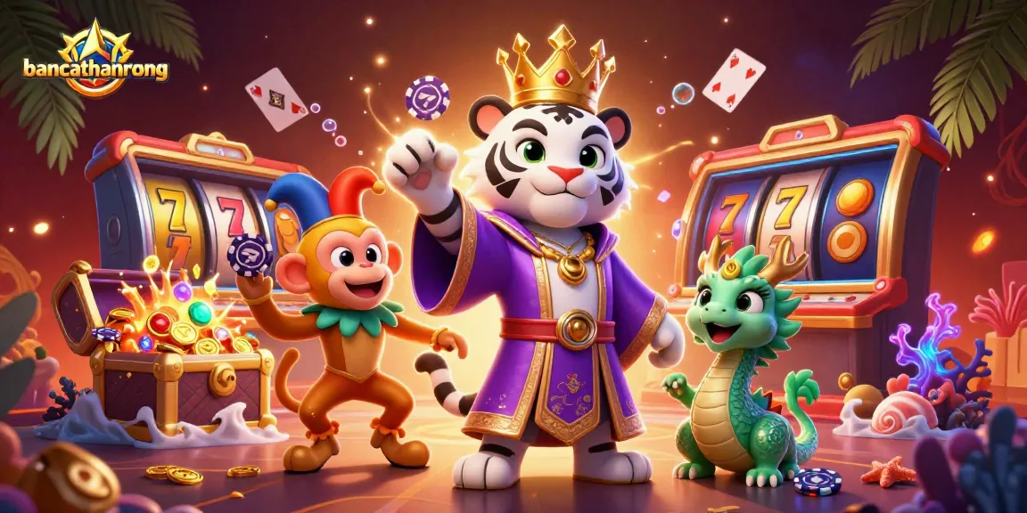 Bancathanrong invites players to win big in a vibrant casino scene featuring a white tiger and a jester monkey.
