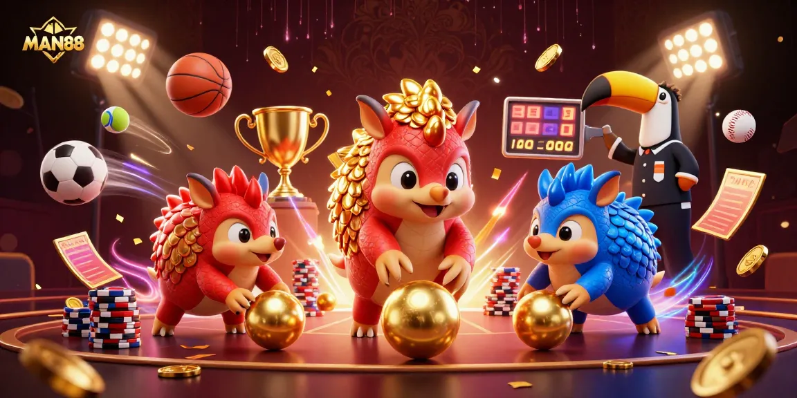 Engaging illustration of MAN88 with rival pangolins in armor bowling through poker chips, showcasing sports betting excitement.
