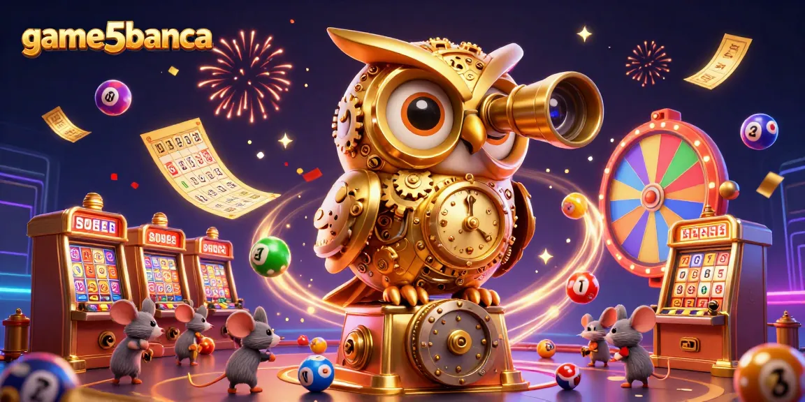 Engage with game5banca's thrilling casino scene with dynamic lottery balls and cartoon characters.