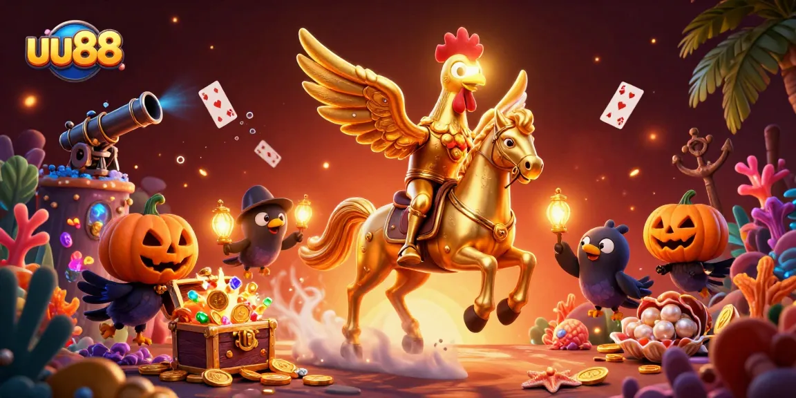 Experience the thrill of uu88 in this vibrant 3D illustration showcasing an exciting casino scene filled with treasures.