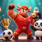 S8 players celebrate their wins with a 3D bull, eagle, and panda amidst sports betting excitement and crypto coins.